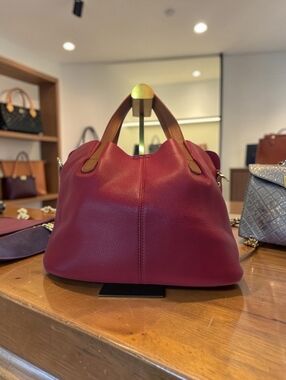 Designer-Inspired Women's Burgundy Leather Tote Bag with Tan Handles NWT